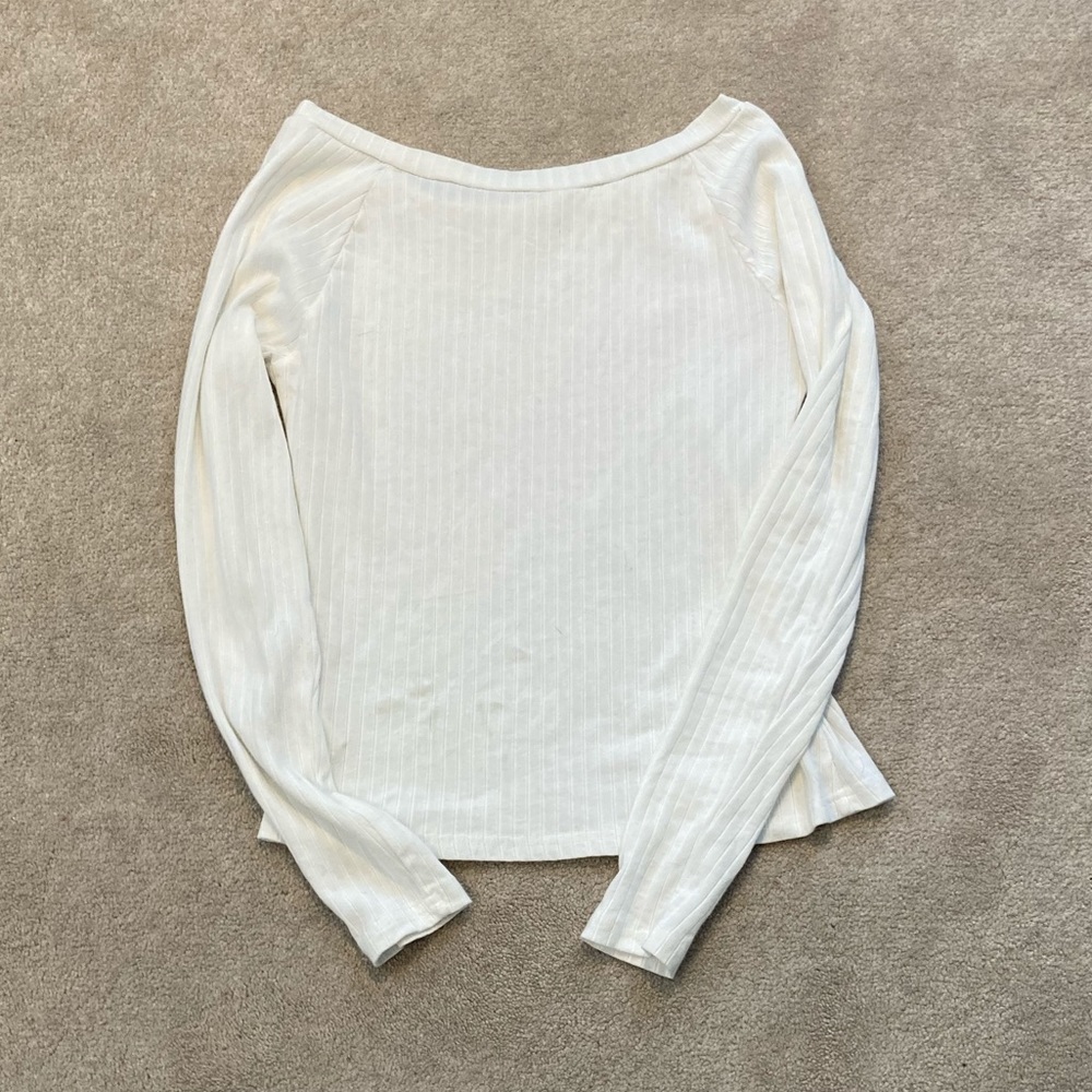 White Long Sleeved Rib-Knit Shirt - Picture 3 of 6